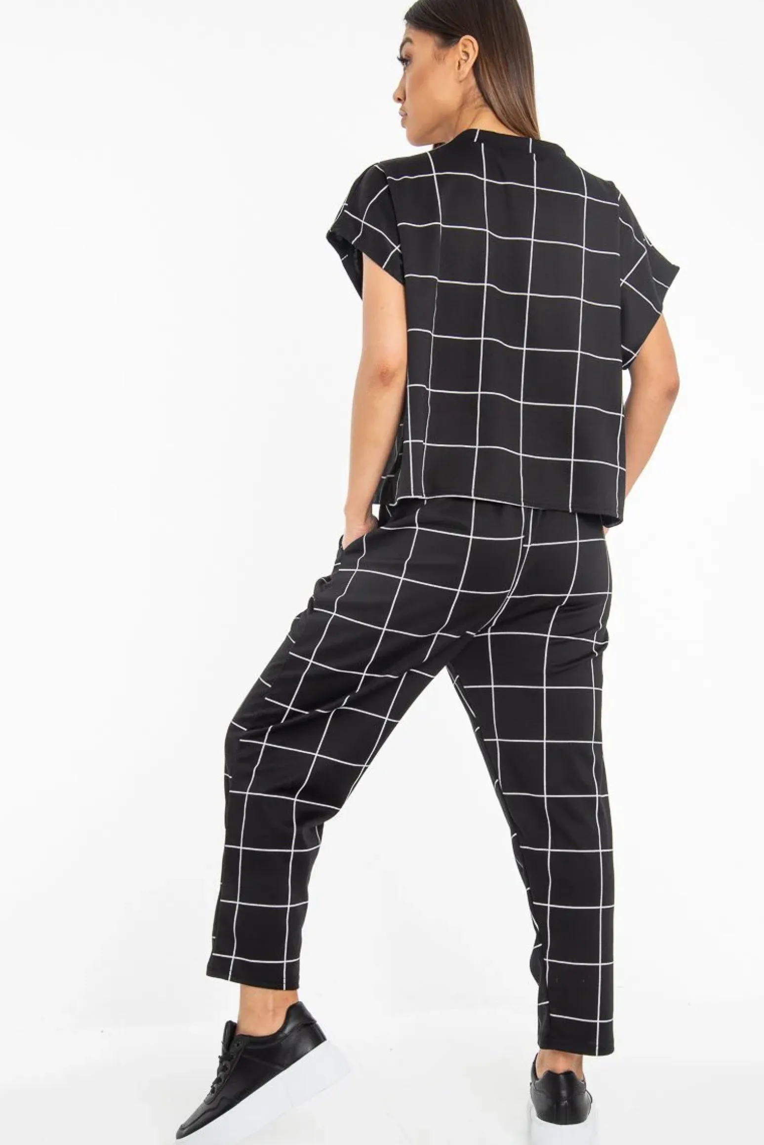 Rebellious Fashion Black Check Short Sleeve Top and Jogger Set - Aimy
