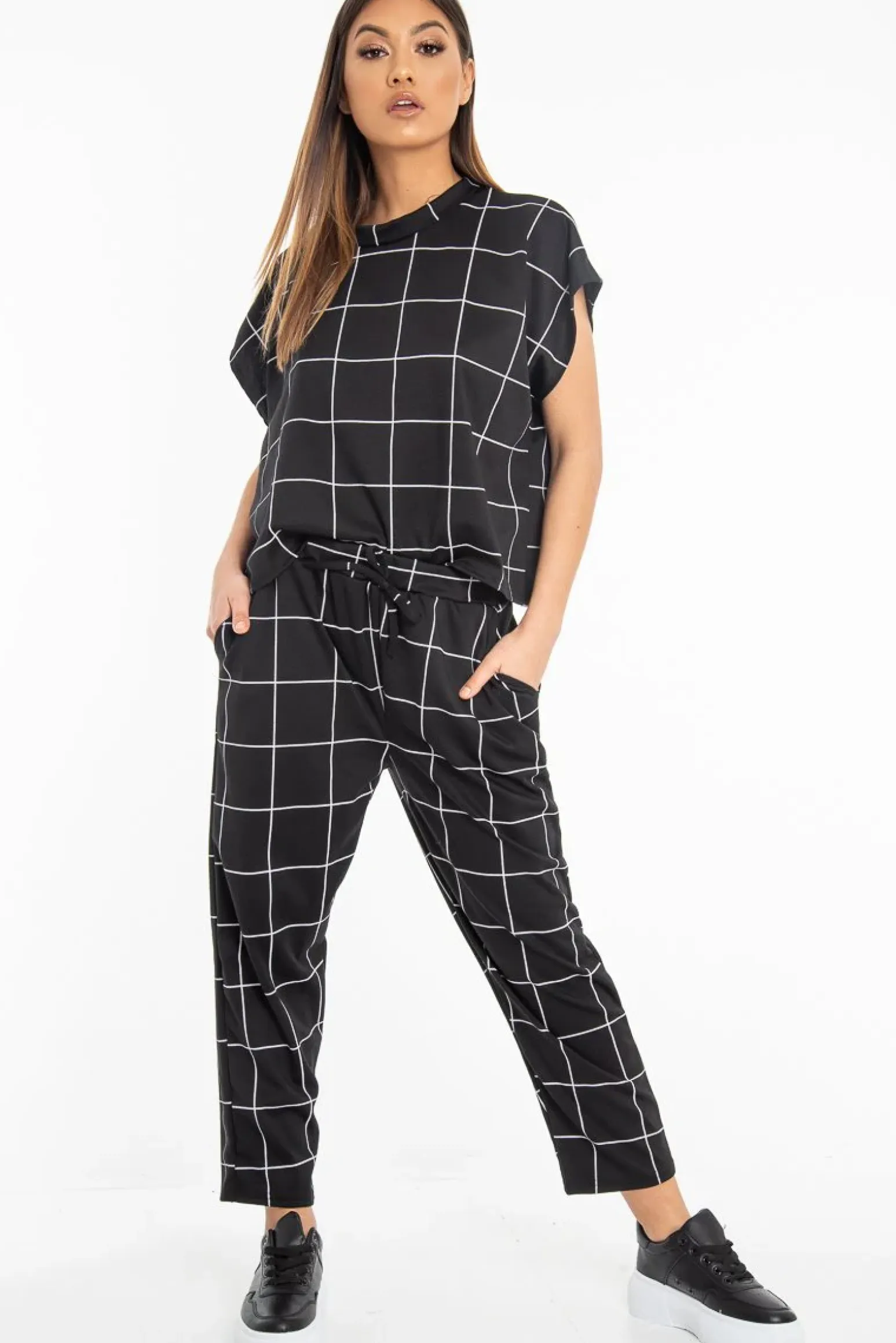 Rebellious Fashion Black Check Short Sleeve Top and Jogger Set - Aimy