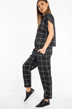 Rebellious Fashion Black Check Short Sleeve Top and Jogger Set - Aimy