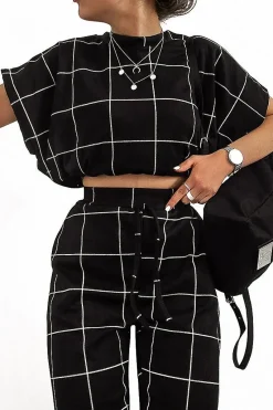 Rebellious Fashion Black Check Short Sleeve Top and Jogger Set - Aimy