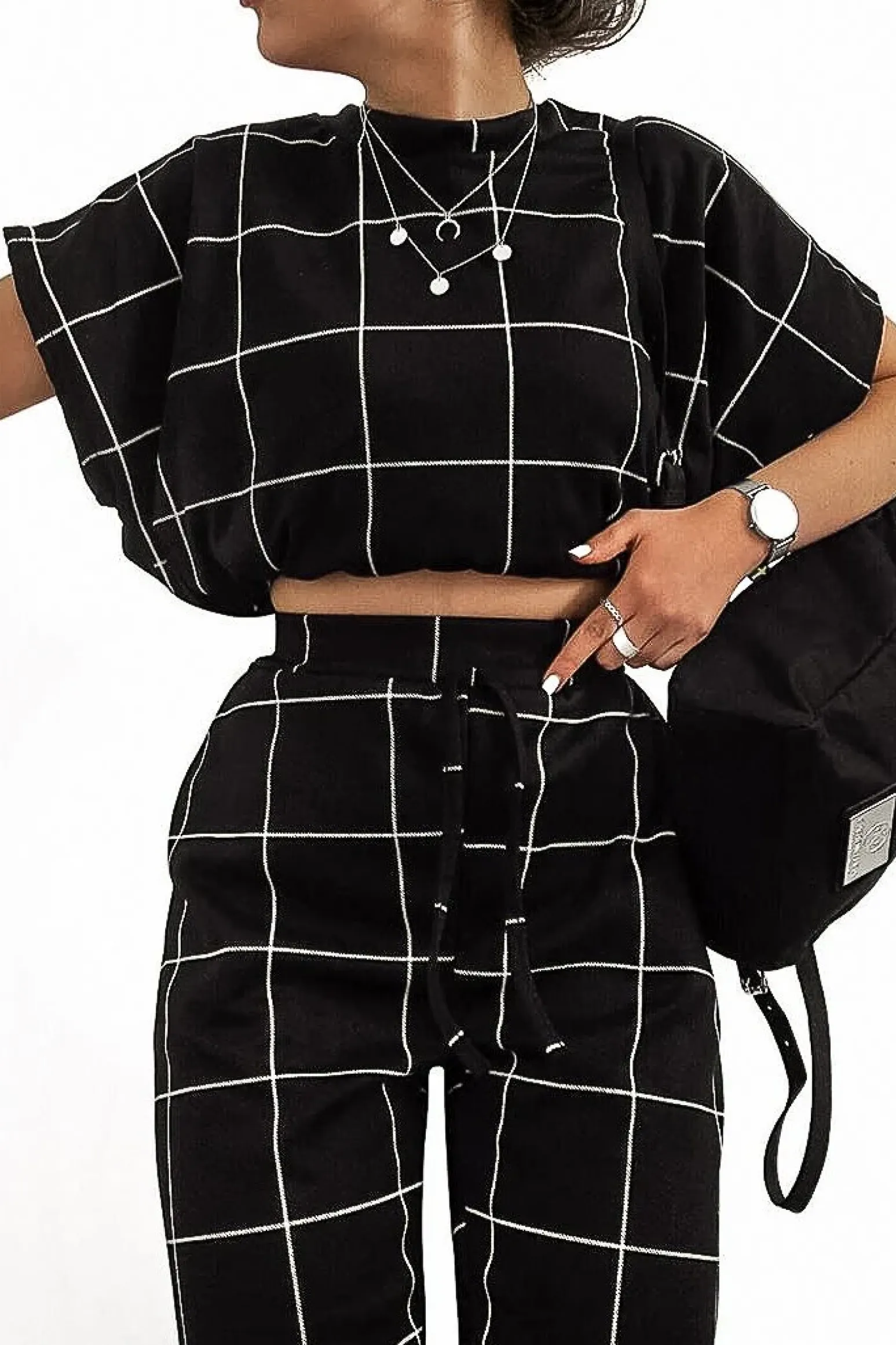 Rebellious Fashion Black Check Short Sleeve Top and Jogger Set - Aimy