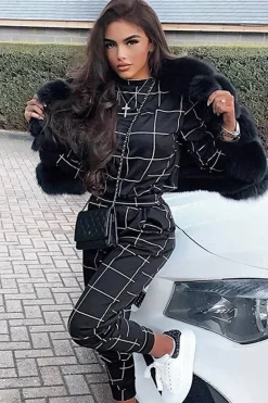 Rebellious Fashion Black Check Sweatshirt Joggers Loungewear Set - Mica
