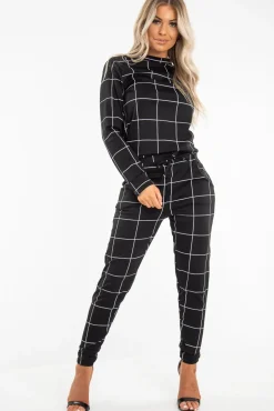 Rebellious Fashion Black Check Sweatshirt Joggers Loungewear Set - Mica