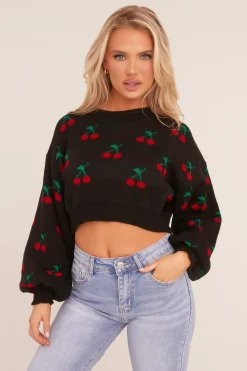 Rebellious Fashion Black Cherry Print Cropped Jumper - Emaline