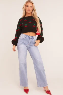 Rebellious Fashion Black Cherry Print Cropped Jumper - Emaline