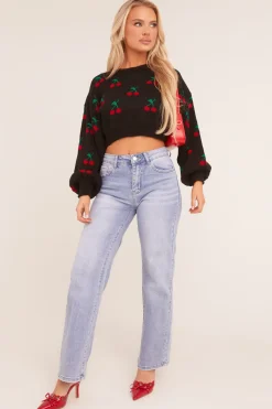 Rebellious Fashion Black Cherry Print Cropped Jumper - Emaline