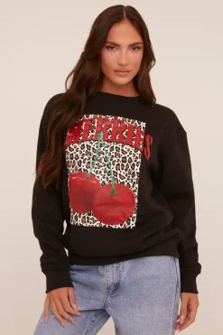 Rebellious Fashion Black Cherry Print Oversized Sweatshirt - Kellin