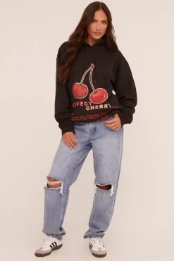 Rebellious Fashion Black Cherry Print Oversized Hoodie - Molly