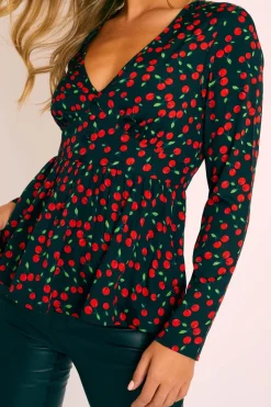 Rebellious Fashion Black Cherry Print Plunge Blouse - Jadzia