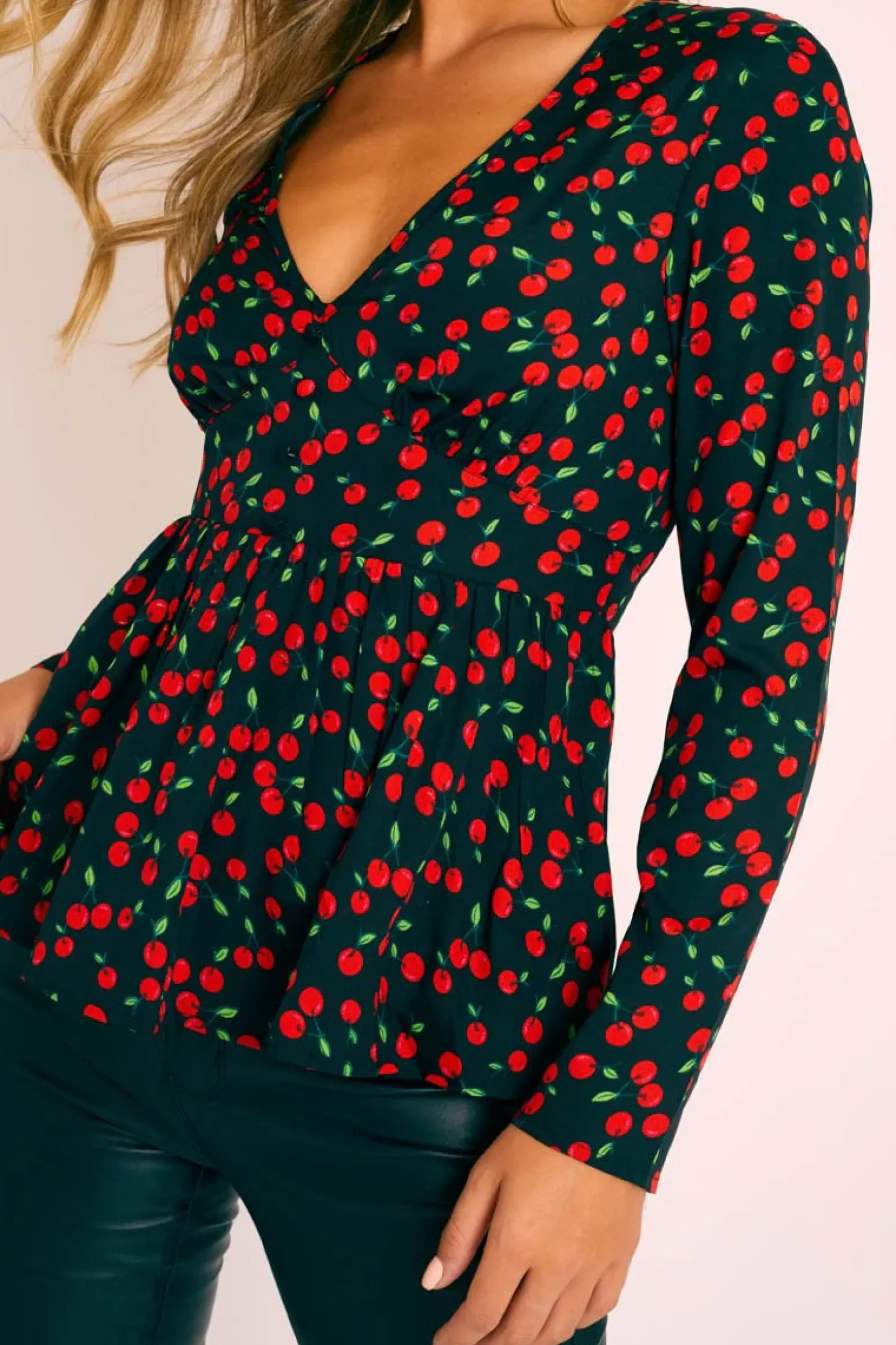 Rebellious Fashion Black Cherry Print Plunge Blouse - Jadzia