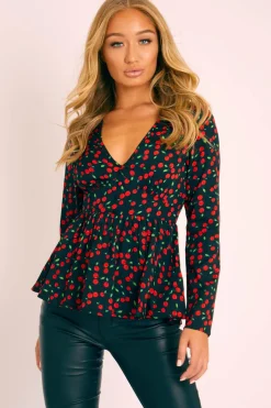 Rebellious Fashion Black Cherry Print Plunge Blouse - Jadzia