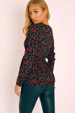 Rebellious Fashion Black Cherry Print Plunge Blouse - Jadzia