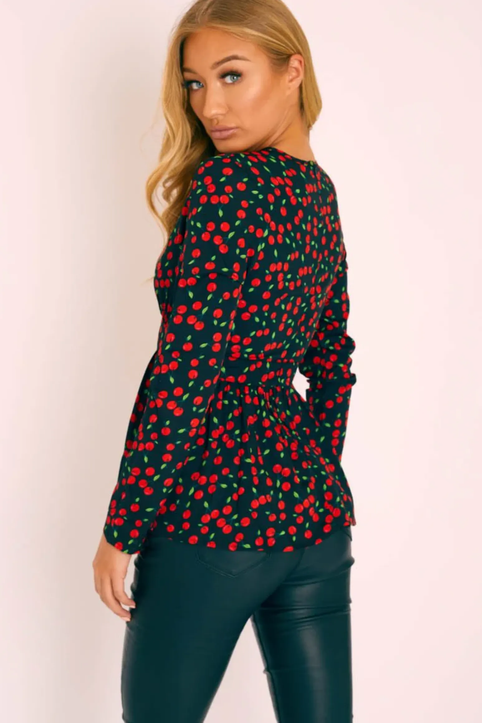 Rebellious Fashion Black Cherry Print Plunge Blouse - Jadzia