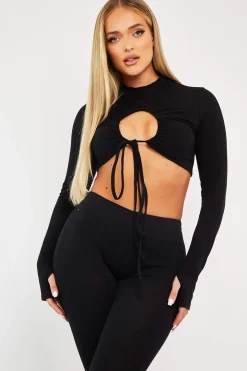 Rebellious Fashion Black Chest Cut Out High Neck Crop Top - Kara