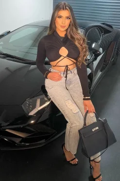 Rebellious Fashion Black Chest Cut Out High Neck Crop Top - Kara