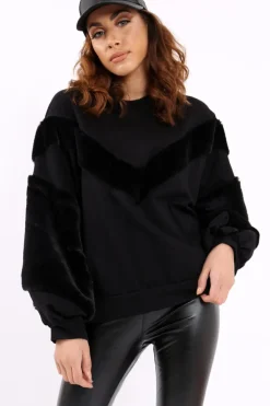 Rebellious Fashion Black Chevron Fur Jumper - Lara