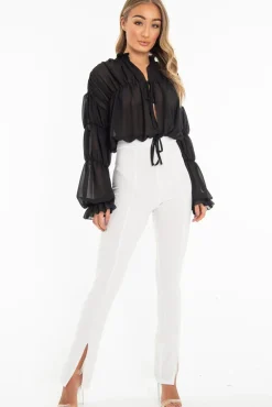 Rebellious Fashion Black Chiffon Balloon Sleeve Crop Tie Front Blouse - Amelia