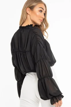 Rebellious Fashion Black Chiffon Balloon Sleeve Crop Tie Front Blouse - Amelia