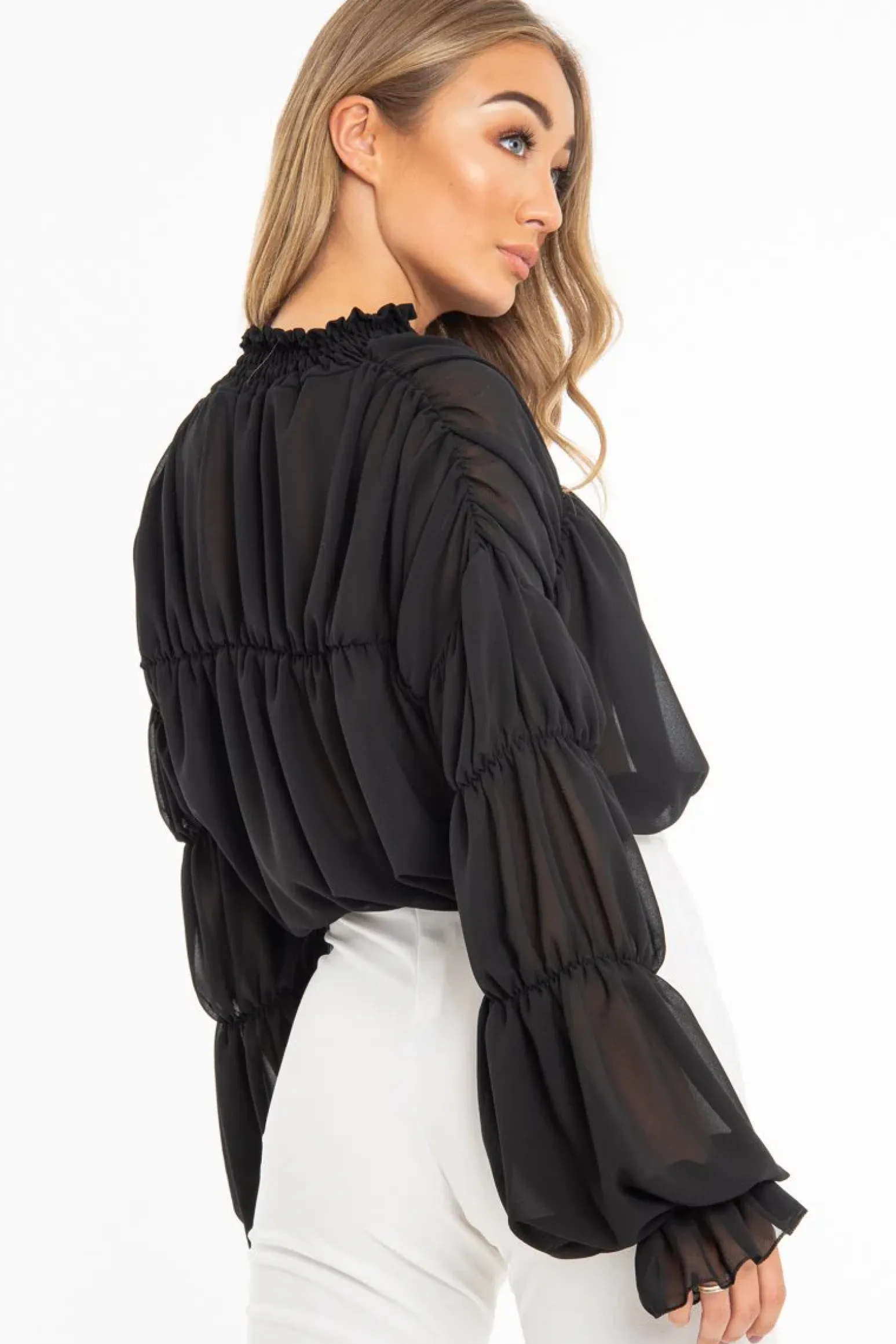 Rebellious Fashion Black Chiffon Balloon Sleeve Crop Tie Front Blouse - Amelia