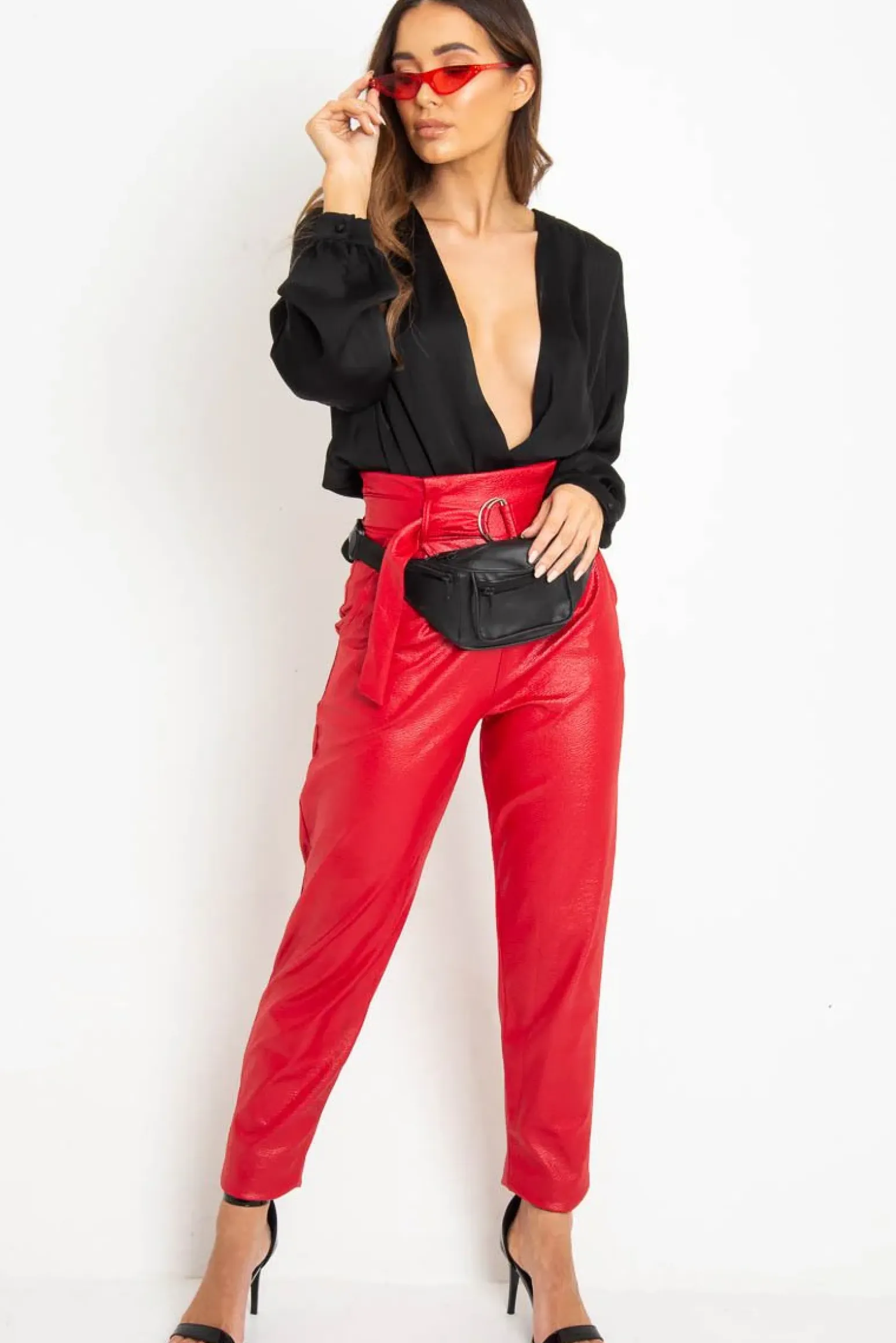 Rebellious Fashion Black Chiffon Plunge Blouson Sleeve Bodysuit - Liah