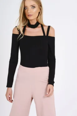 Rebellious Fashion Black Choker Neck Strappy Bodysuit - Jenny