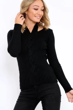 Rebellious Fashion Black Choker Twist Knit Jumper - Maya