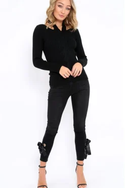 Rebellious Fashion Black Choker Twist Knit Jumper - Maya