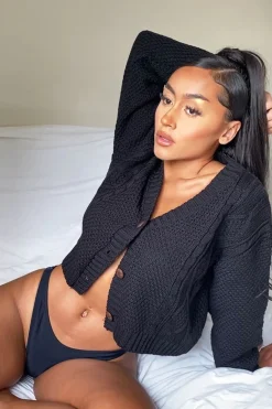 Rebellious Fashion Black Chunky Knit Button Up Crop Cardigan - Elly