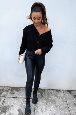 Rebellious Fashion Black Chunky Knit Button Up Crop Cardigan - Elly