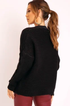 Rebellious Fashion Black Chunky Knit Cable Pattern Cardigan - Luna
