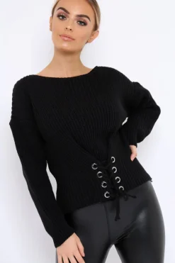 Rebellious Fashion Black Chunky Knit Corset Waist Knitted Jumper - Mikayla