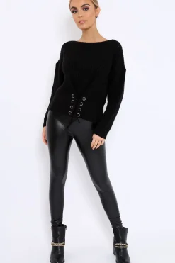 Rebellious Fashion Black Chunky Knit Corset Waist Knitted Jumper - Mikayla
