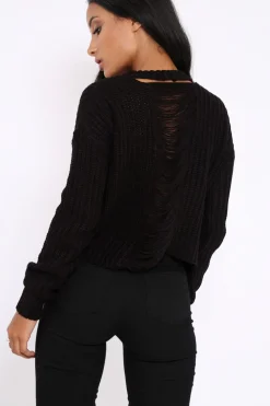 Rebellious Fashion Black Chunky Knit Distressed Jumper - Bella