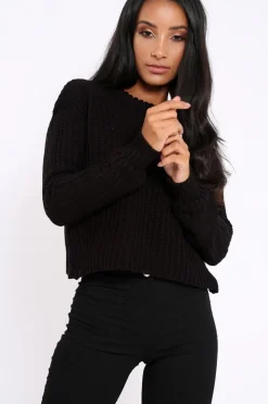 Rebellious Fashion Black Chunky Knit Distressed Jumper - Bella