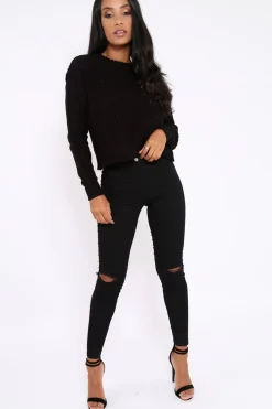 Rebellious Fashion Black Chunky Knit Distressed Jumper - Bella