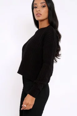 Rebellious Fashion Black Chunky Knit Distressed Jumper - Bella