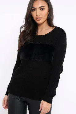 Rebellious Fashion Black Chunky Knit Faux Fur Front Panel Jumper - Ophelia