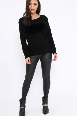 Rebellious Fashion Black Chunky Knit Faux Fur Front Panel Jumper - Ophelia