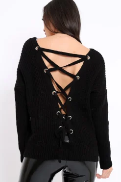 Rebellious Fashion Black Chunky Knit Lace Up Back Jumper - Perrie