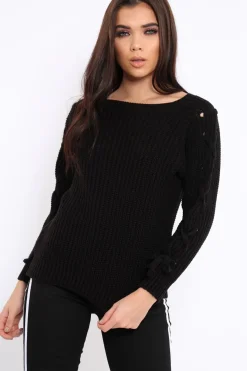 Rebellious Fashion Black Chunky Knit Lace Up Sleeve Jumper - Sarah