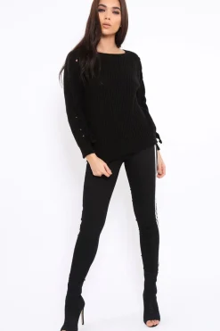 Rebellious Fashion Black Chunky Knit Lace Up Sleeve Jumper - Sarah