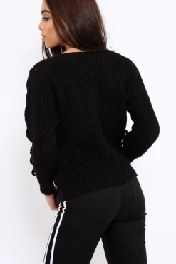 Rebellious Fashion Black Chunky Knit Lace Up Sleeve Jumper - Sarah