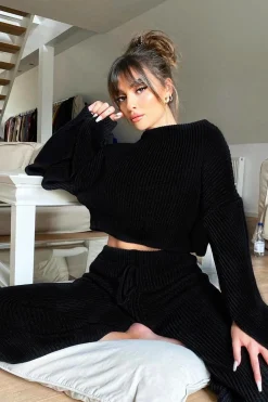 Rebellious Fashion Black Chunky Knit Loungewear Set - Harper