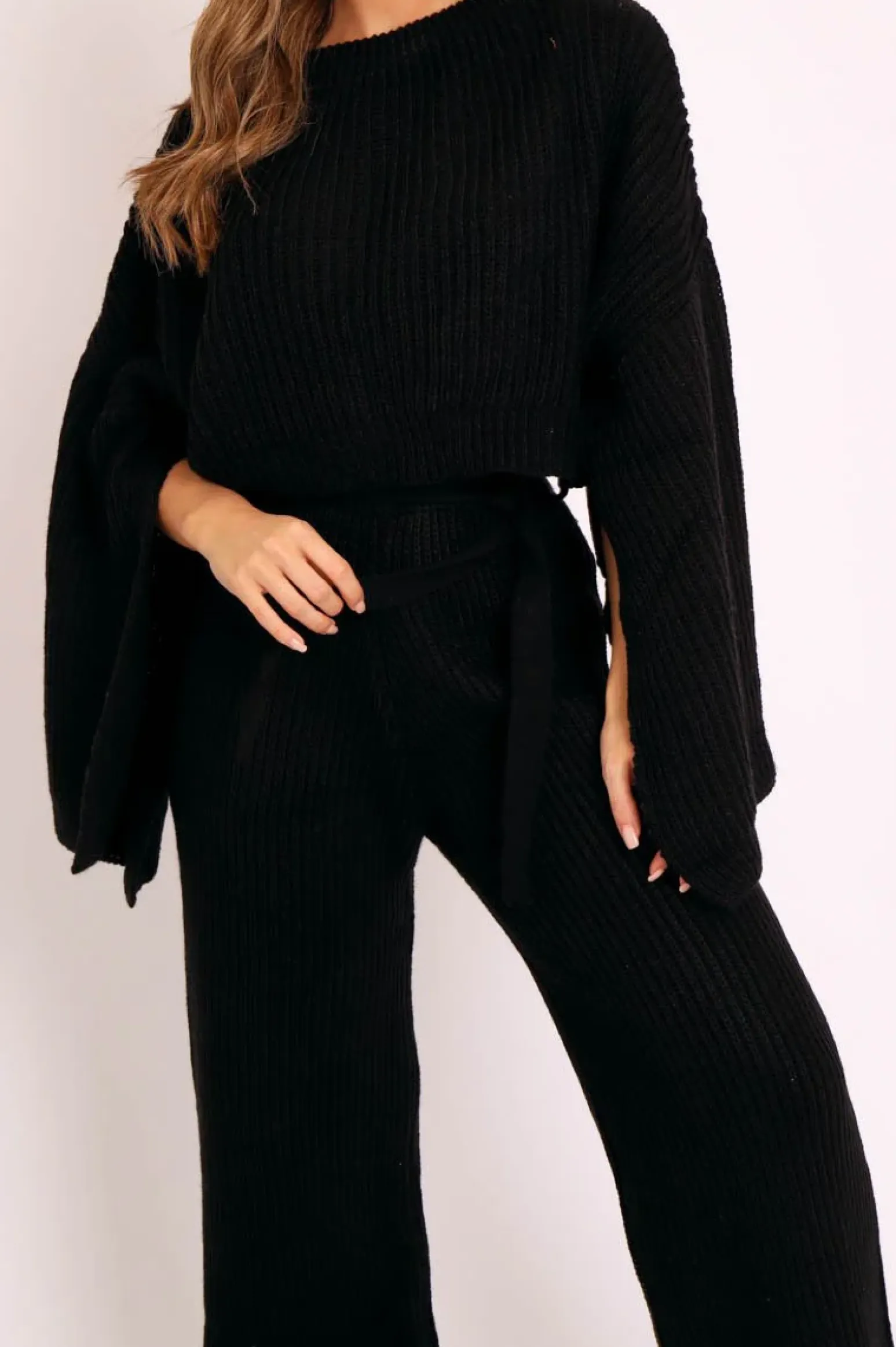 Rebellious Fashion Black Chunky Knit Loungewear Set - Harper