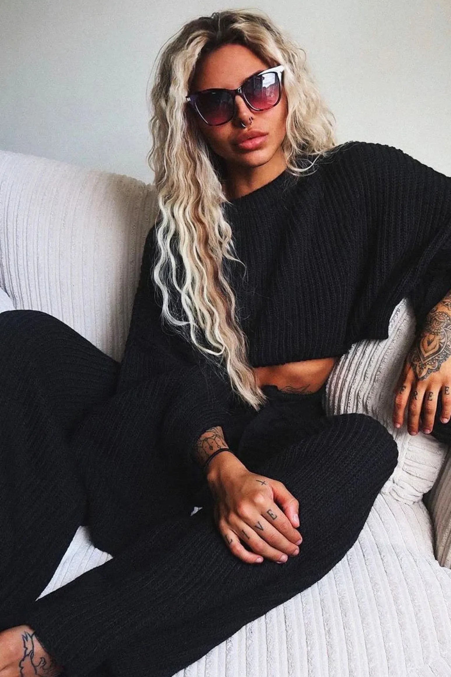 Rebellious Fashion Black Chunky Knit Loungewear Set - Harper