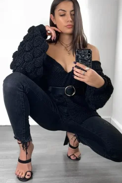 Rebellious Fashion Black Chunky Knit Oversized Cardigan - Eaden