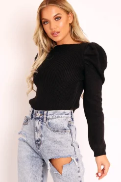 Rebellious Fashion Black Chunky Knit Puff Sleeve Jumper - Hannahmae