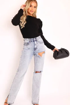 Rebellious Fashion Black Chunky Knit Puff Sleeve Jumper - Hannahmae