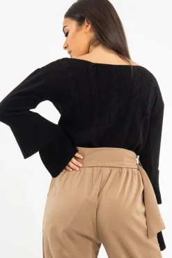Rebellious Fashion Black Chunky Knit Sleeve Detail Jumper - Lillienne