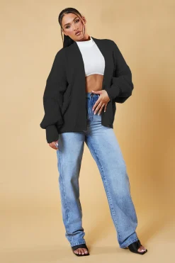 Rebellious Fashion Black Chunky Knit Slouchy Cardigan - Daisy